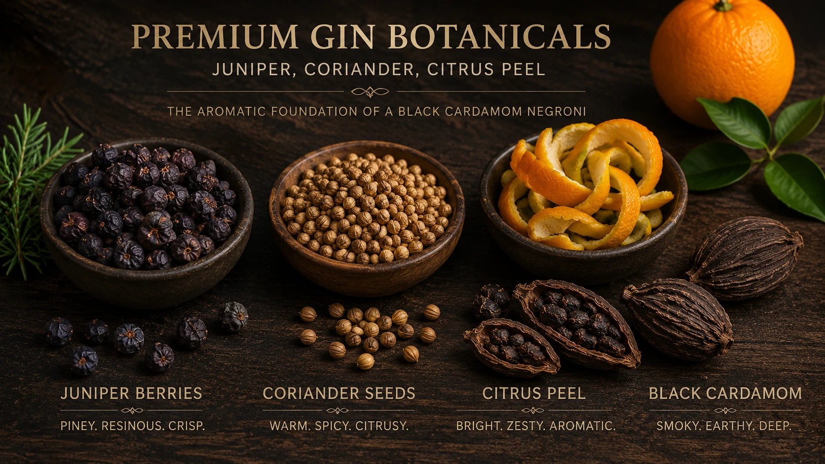 Premium gin botanicals — juniper, coriander, citrus peel that form the base of a black cardamom negroni