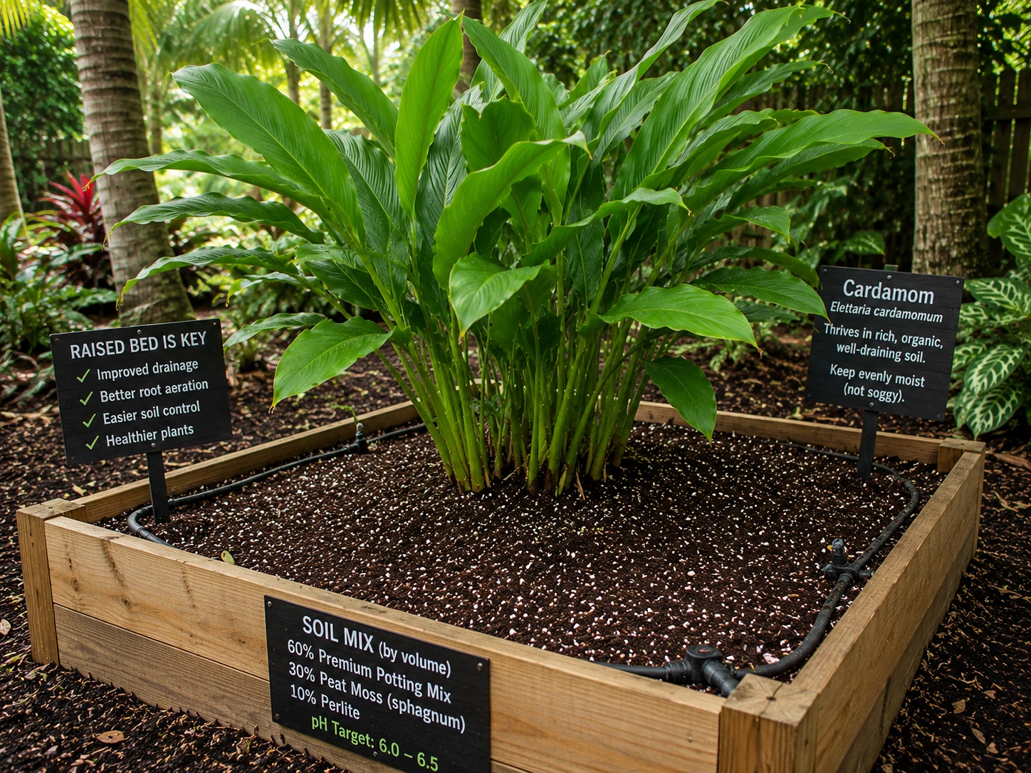 Raised garden bed with amended soil for growing cardamom Florida