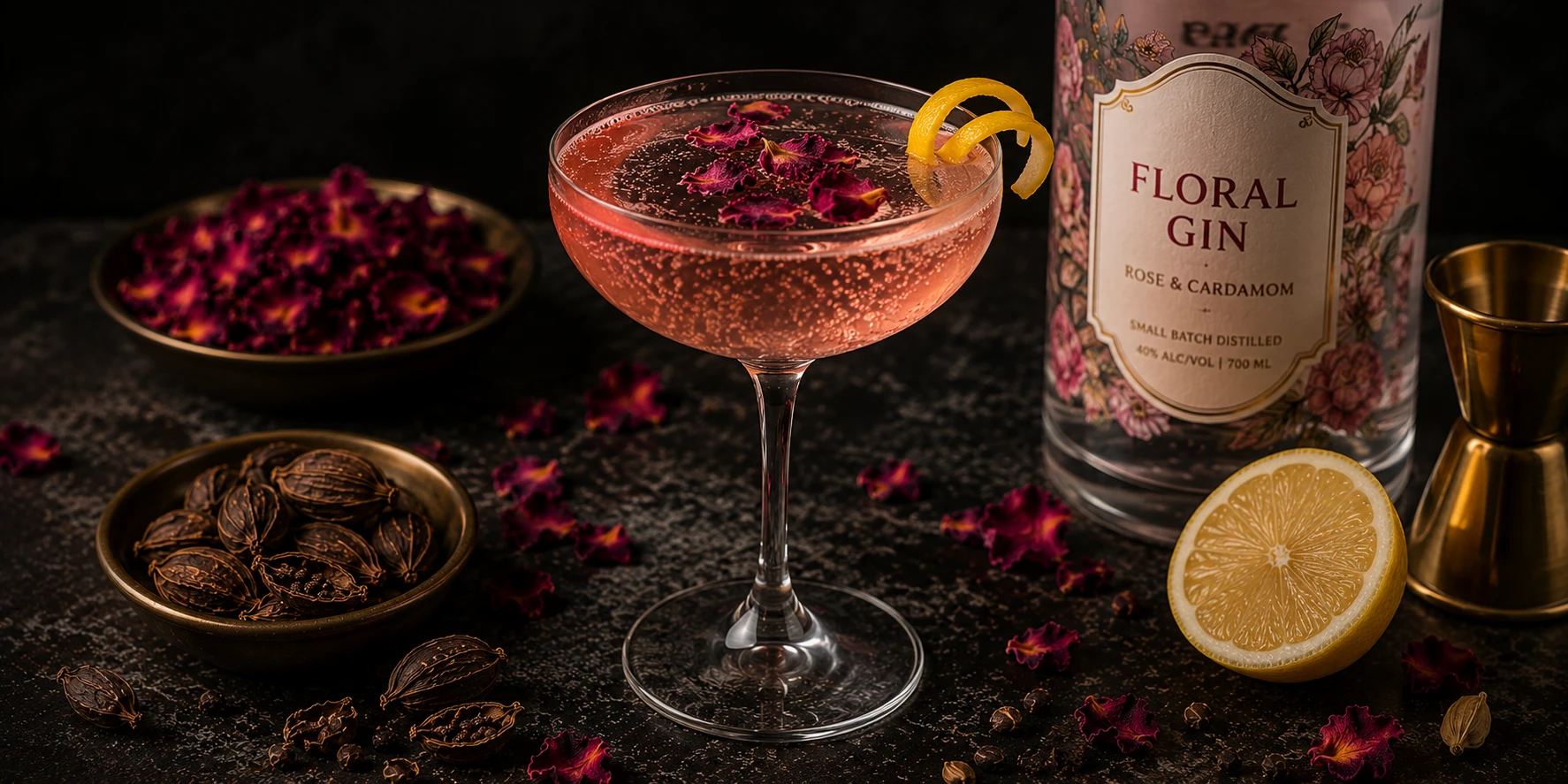 Rose cardamom gin cocktail with floral gin lemon and sparkling water in coupe glass