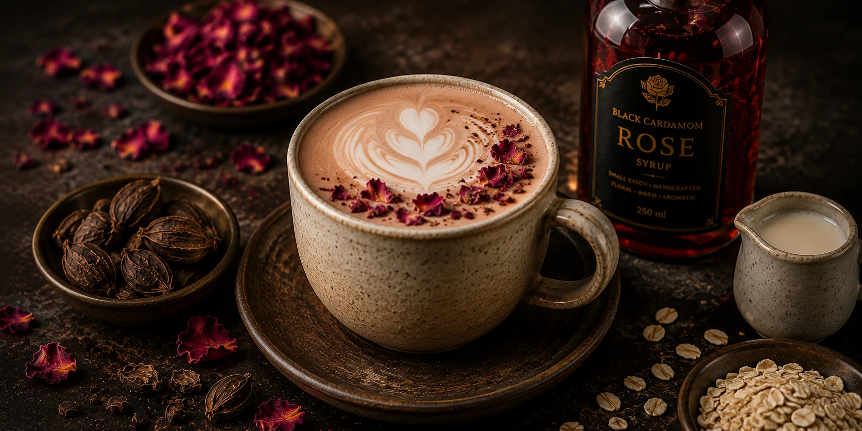 Rose cardamom latte with oat milk — black cardamom rose syrup in espresso and steamed milk