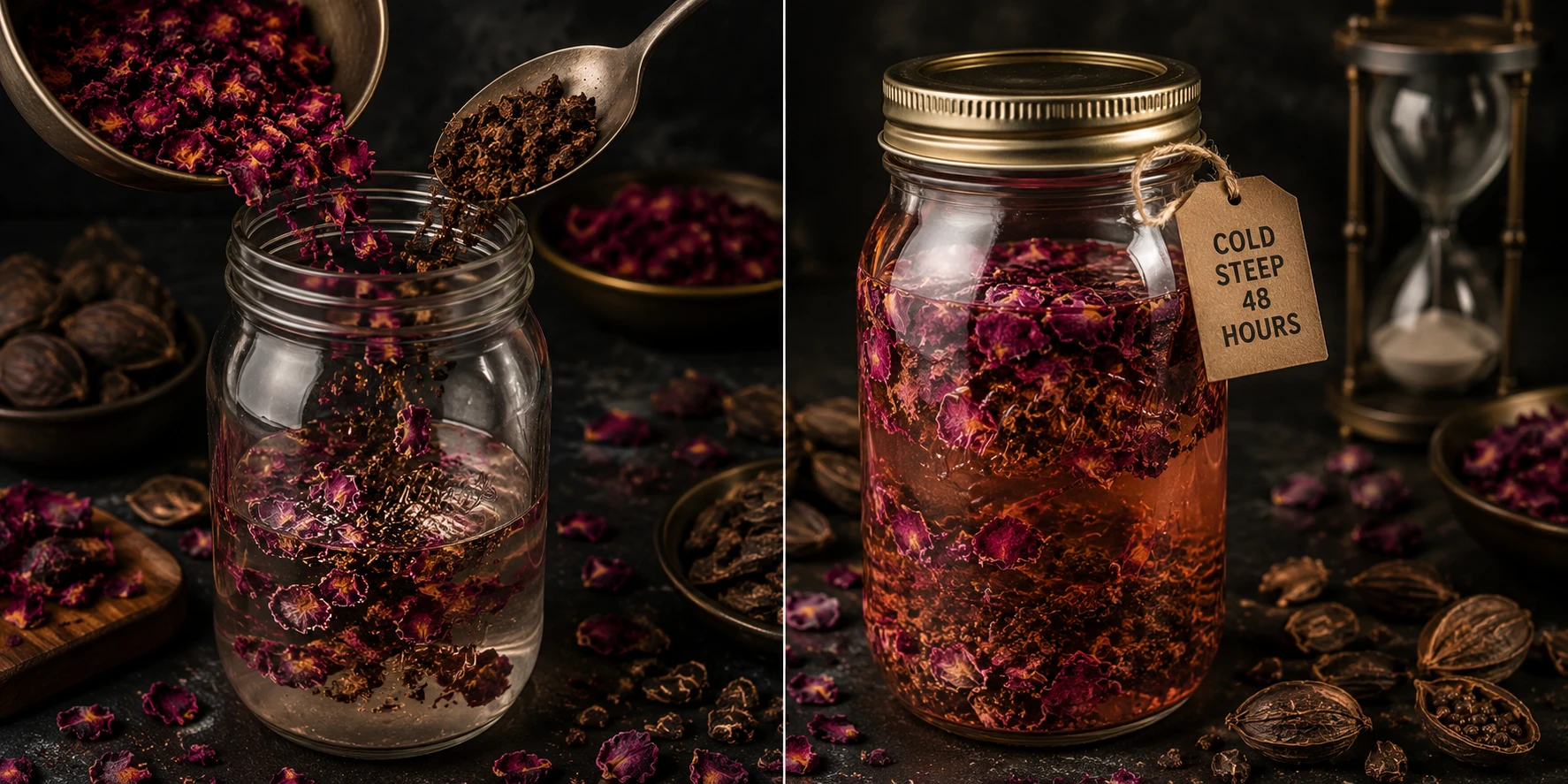 Dried culinary rose petals and crushed black cardamom pods being added to warm syrup in glass mason jar for 48-hour cold steep
