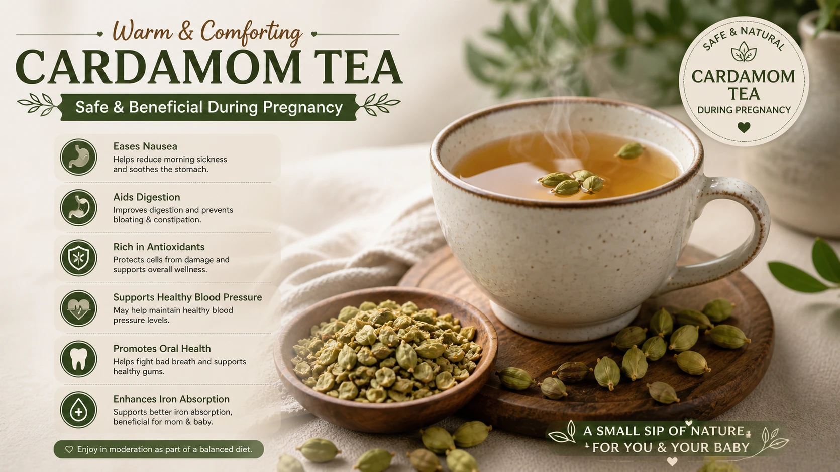 Warm cup of cardamom tea with crushed green cardamom (elaichi) pods beside it — safe cardamom tea during pregnancy