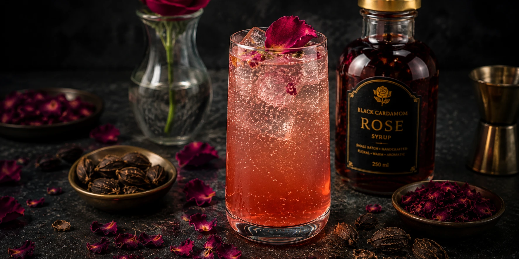 Sharbat-e-gulab traditional South Asian rose drink with black cardamom syrup in glass
