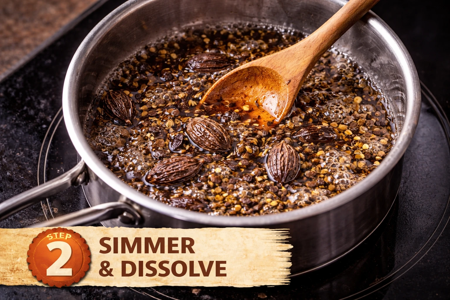Sugar and water dissolving together in saucepan over low heat for simple syrup base