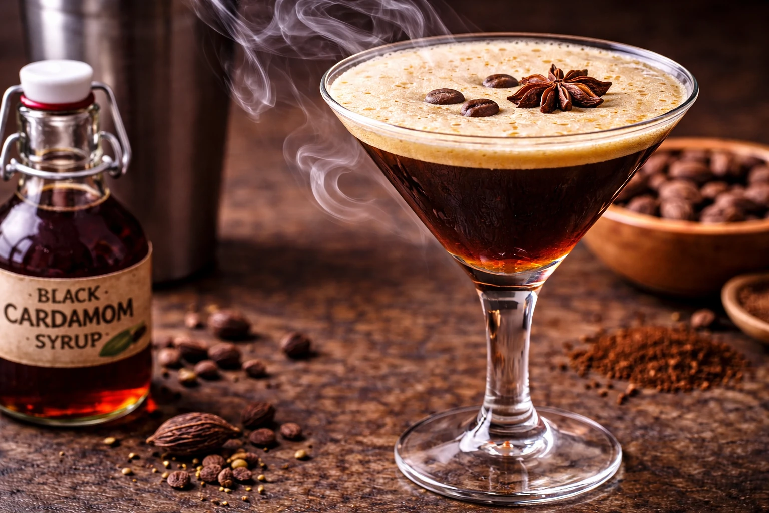 Smoked cardamom espresso martini with black cardamom syrup foam