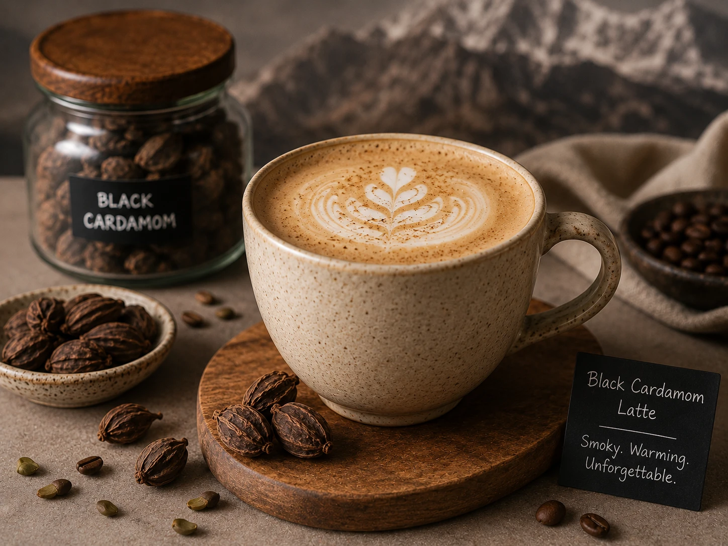 Finished black cardamom latte — smoky Himalayan spice coffee drink
