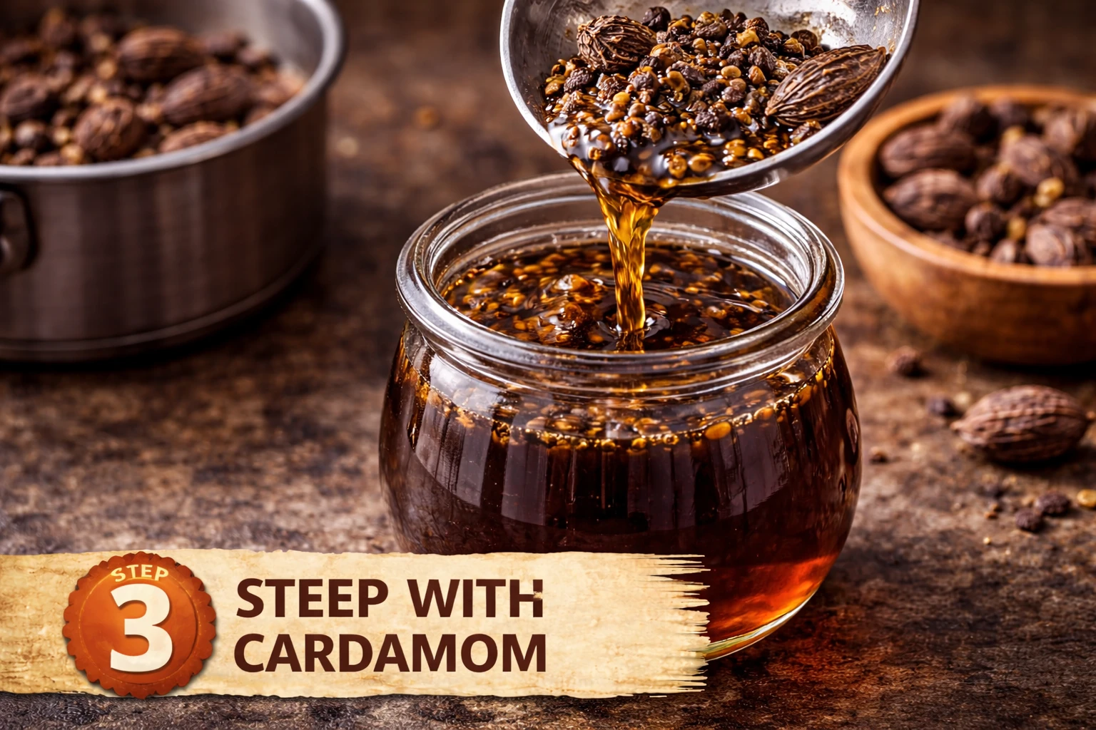 Crushed black cardamom pods added to warm sugar syrup in glass jar for 48-hour cold steep