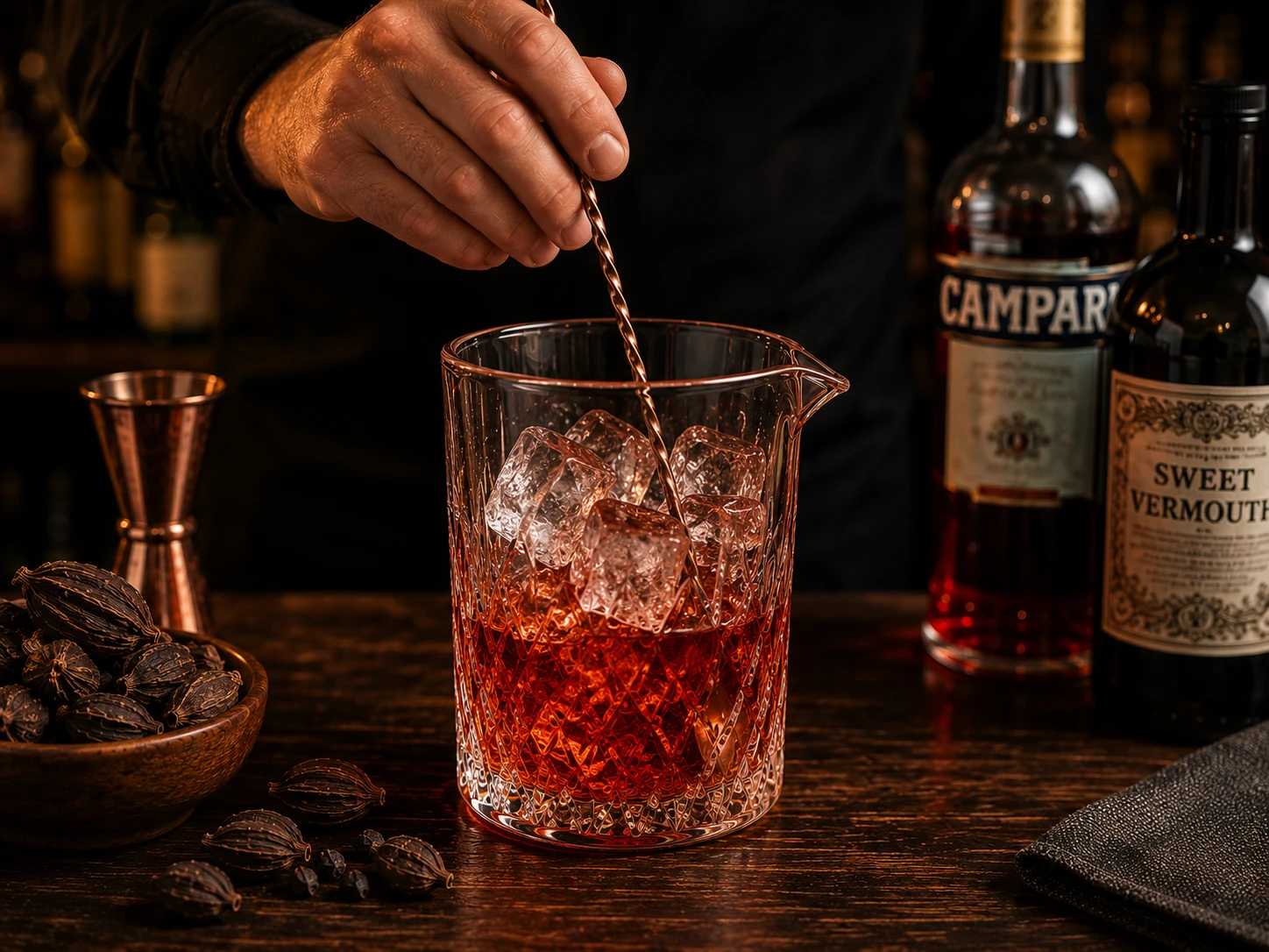 Stirring a negroni with bar spoon in mixing glass filled with ice