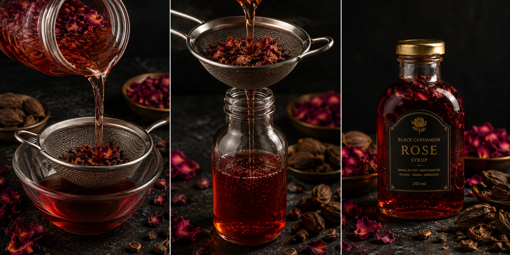 Black cardamom rose syrup being strained through fine mesh into glass bottle — deep rose-amber colour after 48-hour cold steep