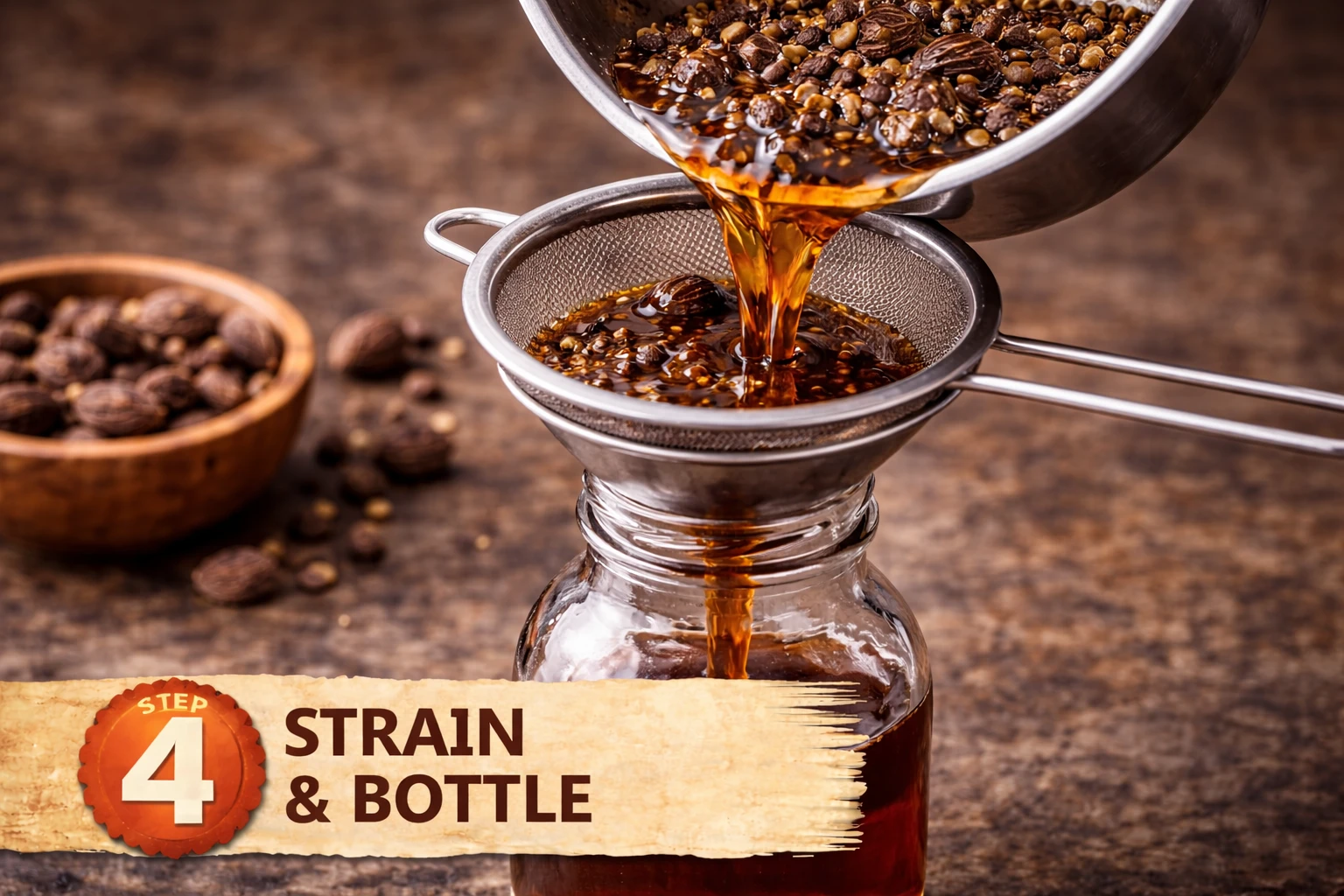 Black cardamom simple syrup being strained through fine mesh into glass bottle after 48 hours