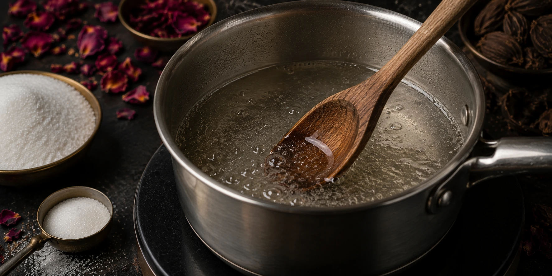 White caster sugar dissolving in water in saucepan over low heat — clear syrup forming for black cardamom rose infusion
