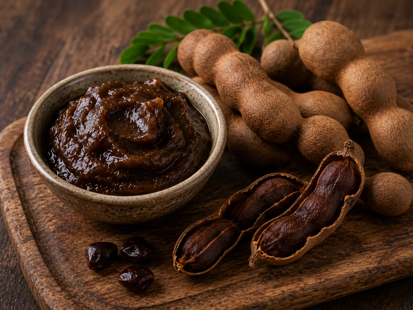 Tamarind paste and tamarind pods on a wooden board