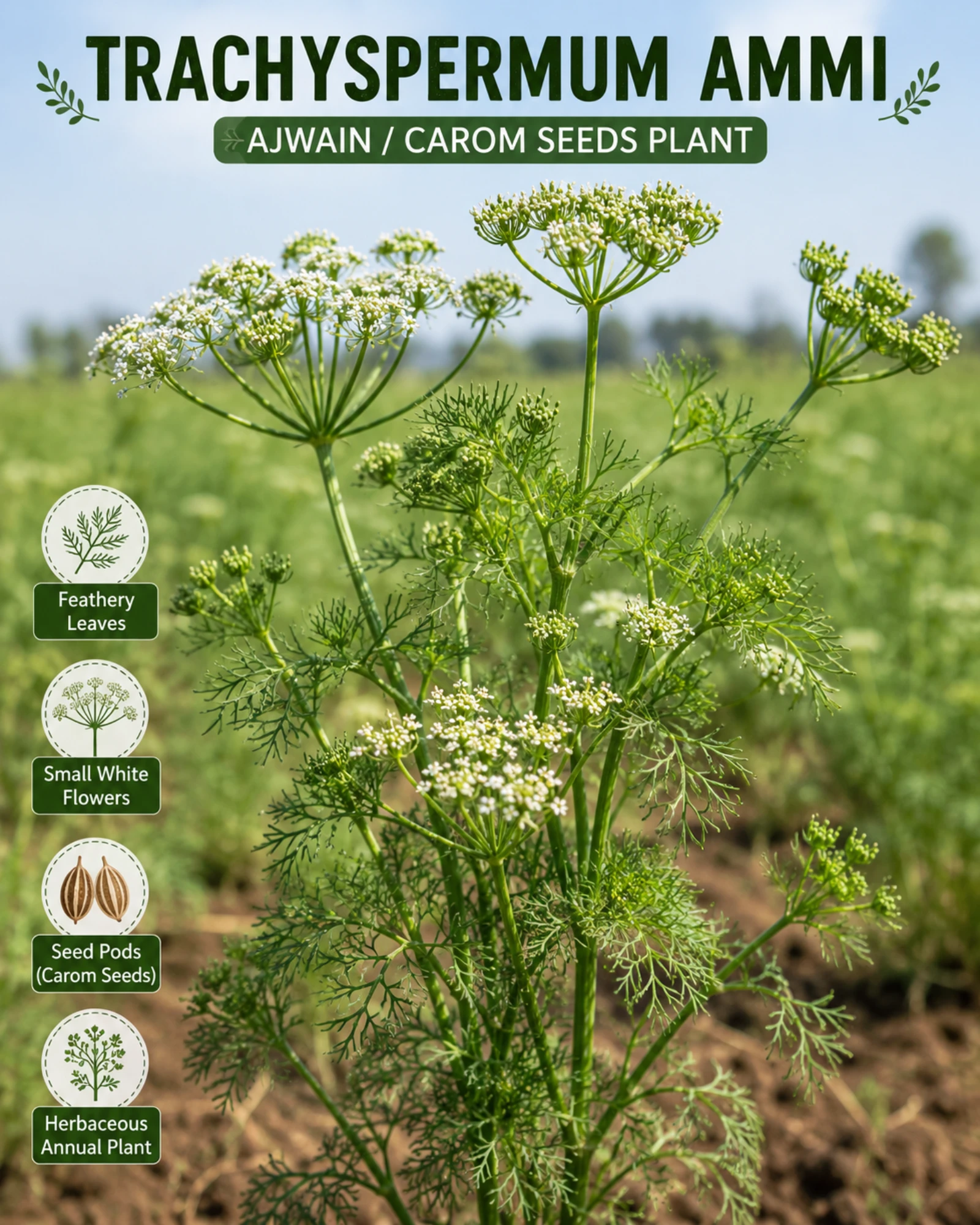 Trachyspermum ammi ajwain plant with feathery leaves growing in field