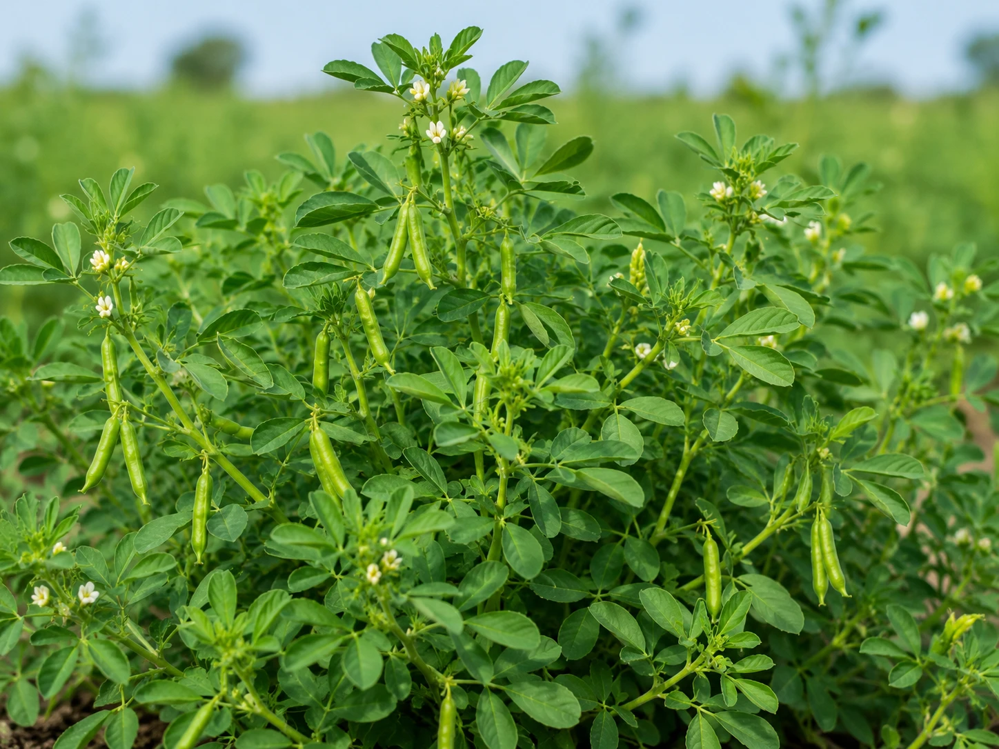 Trigonella foenum-graecum fenugreek plant in full growth with leaves flowers and seed pods