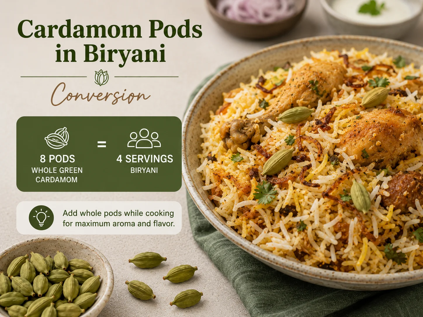 Whole green cardamom pods for biryani recipe with cardamom seeds to ground conversion ratio