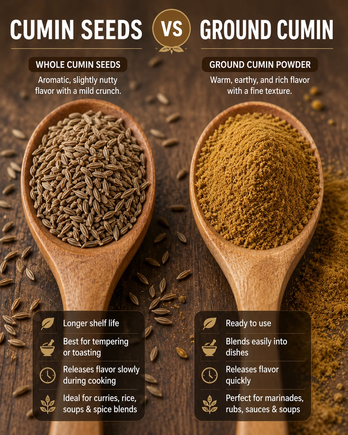 Side by side comparison of whole cumin seeds and ground cumin powder on a wooden spoon