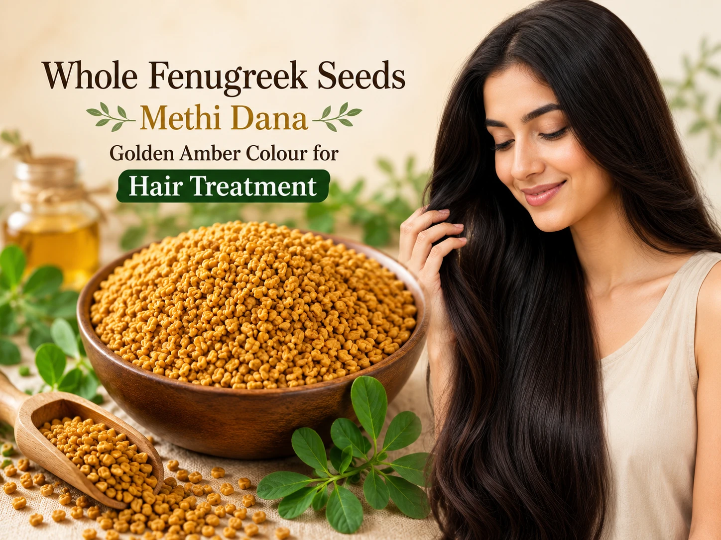 Whole fenugreek seeds methi dana golden amber color with woman showing healthy hair for natural hair treatment