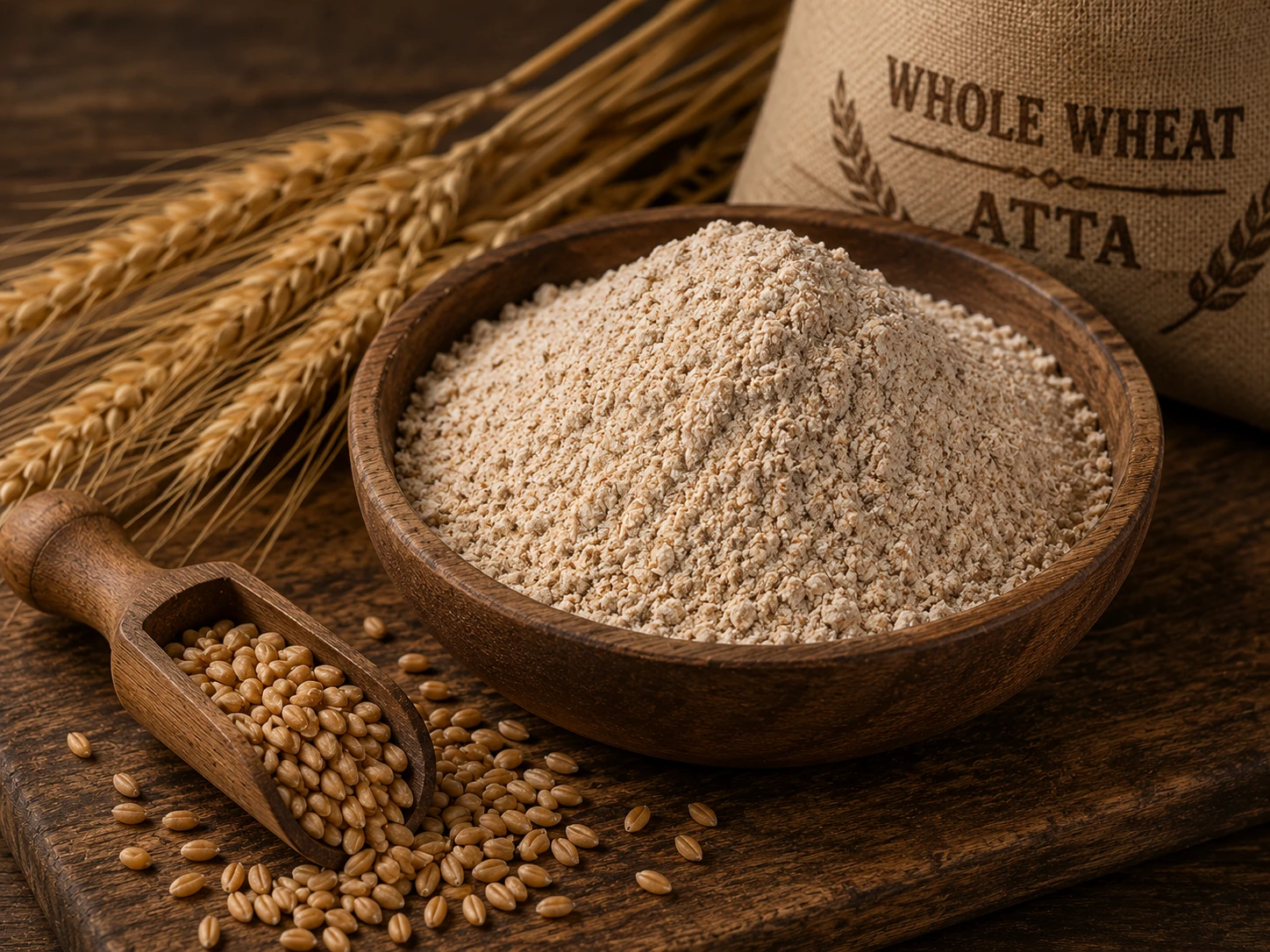 Whole wheat flour and whole grain atta in a bowl