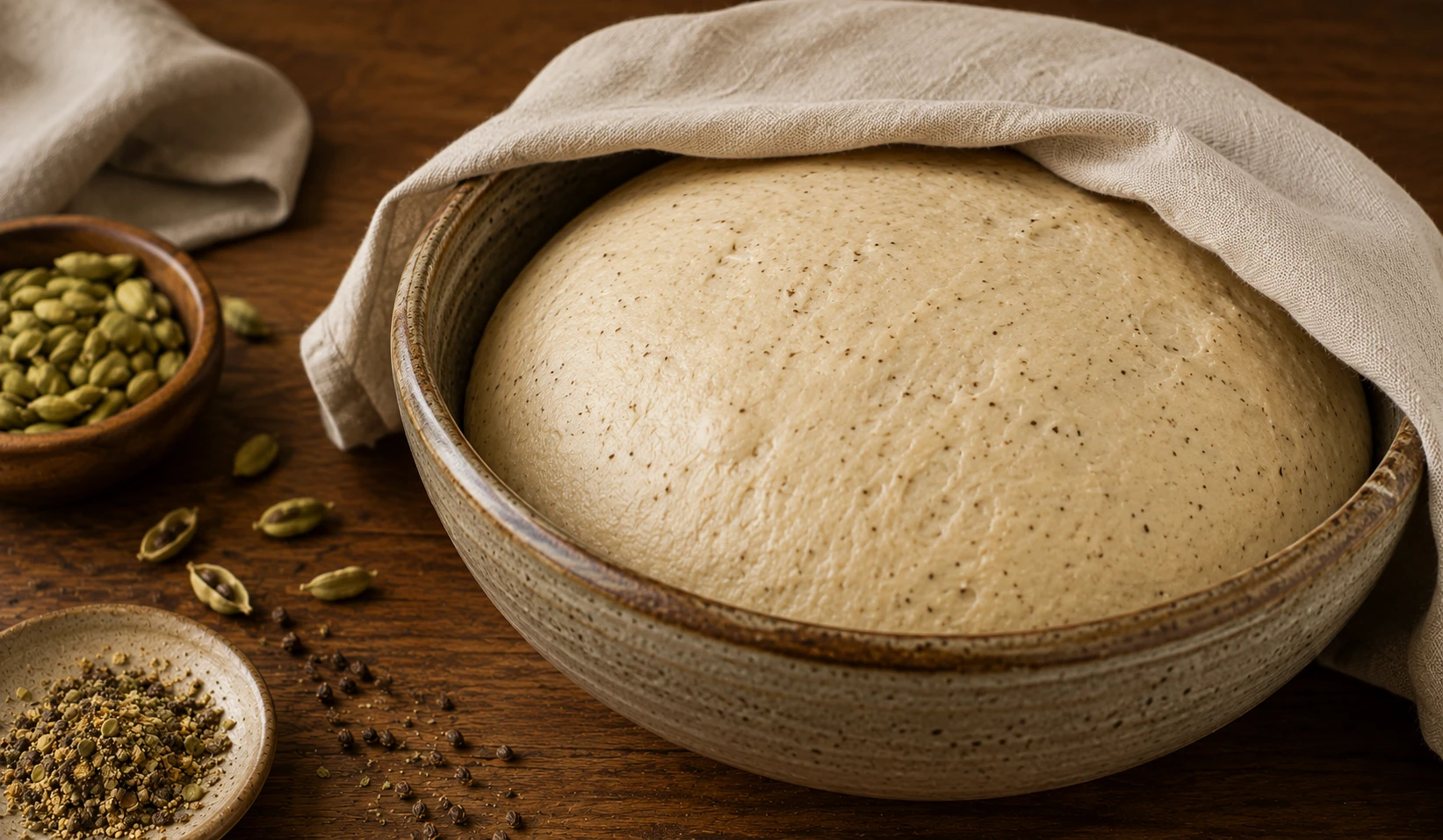 Kardamom Brot Teig geht auf – Schüssel mit aufgegangenen Hefeteig abgedeckt