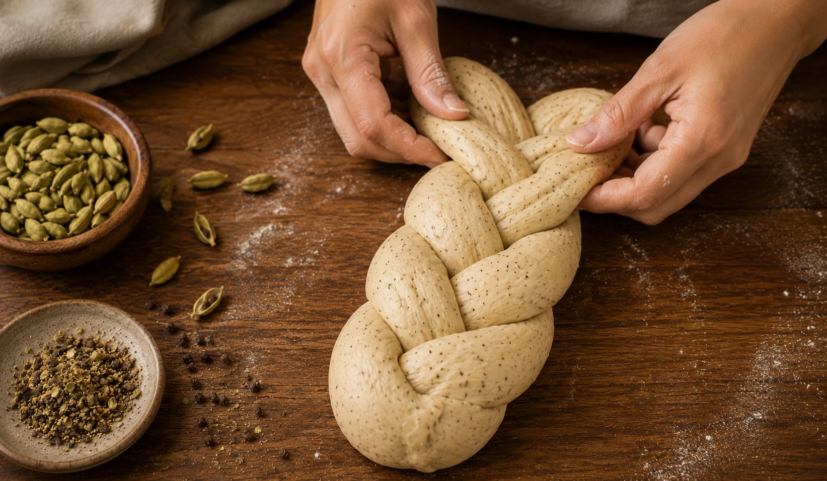 Pulla Zopf flechten – drei Stränge Kardamom Hefeteig zu einem geflochtenen Brot