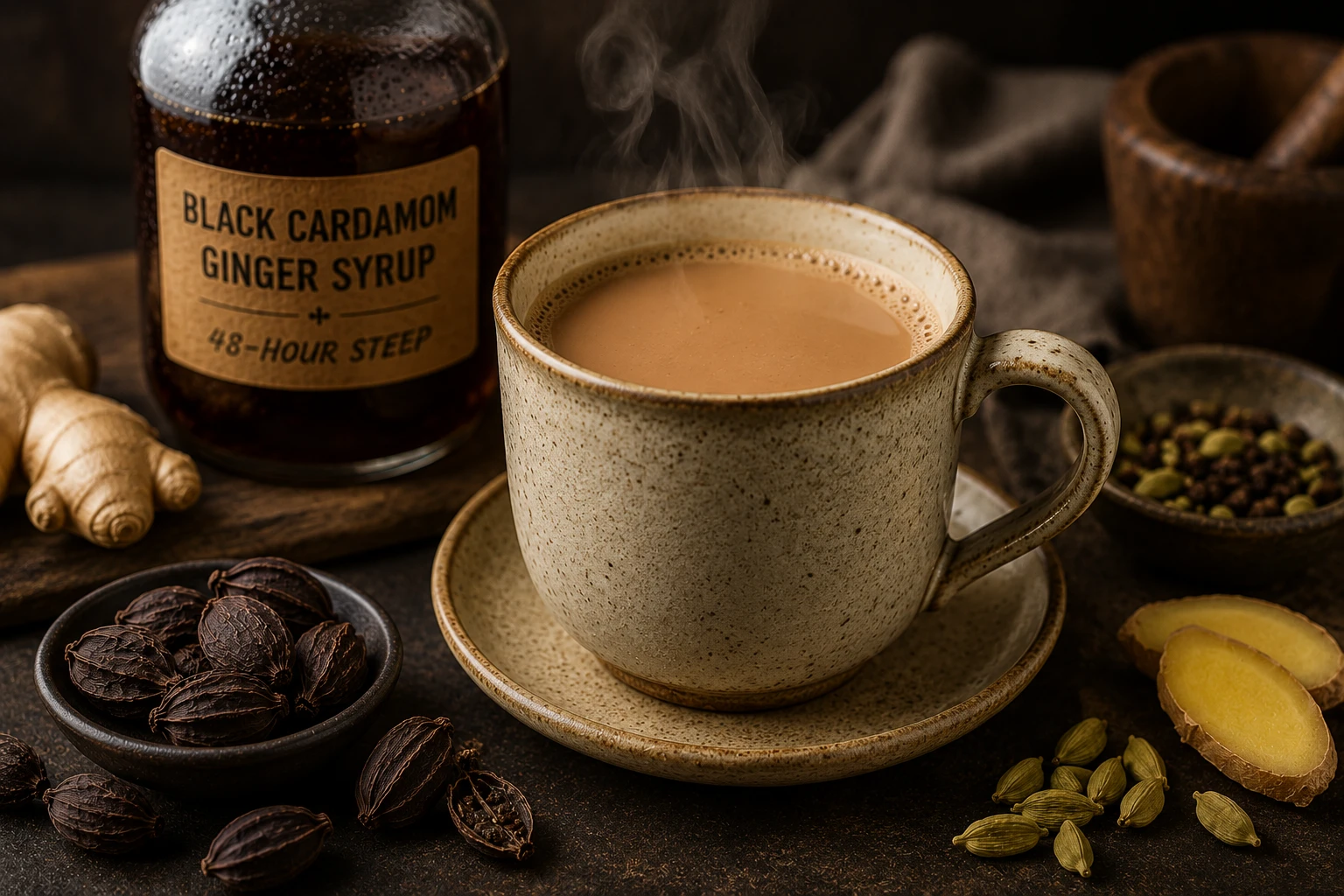 Adrak elaichi chai with black cardamom ginger syrup in ceramic cup
