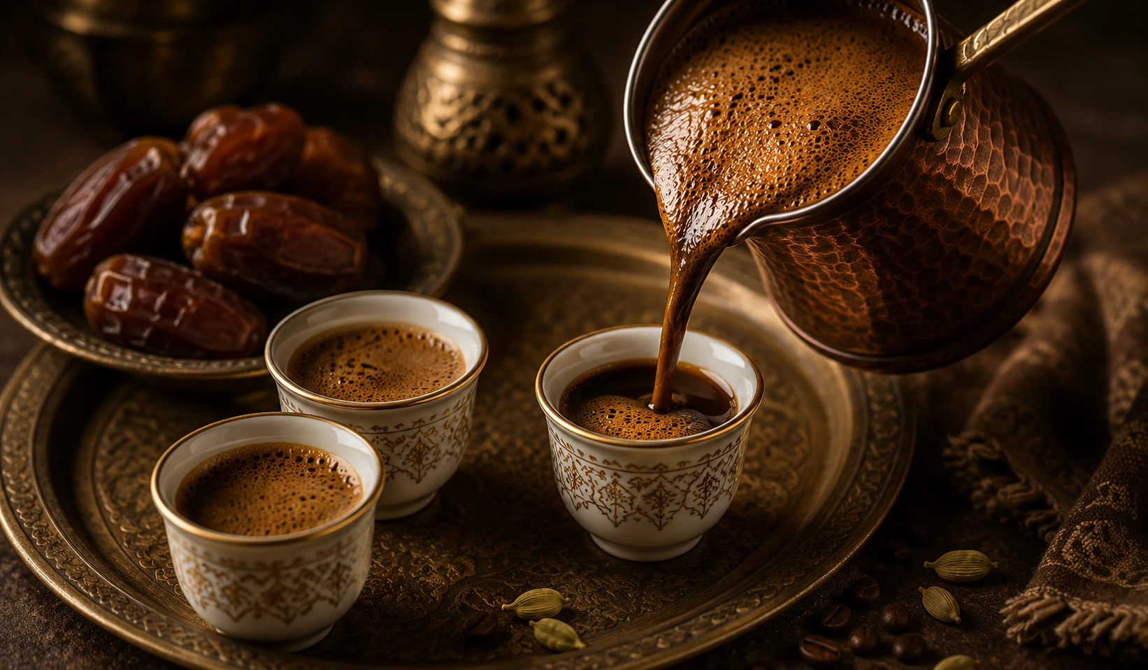 Arabischen Kardamom Kaffee einschenken in kleine Tassen mit Datteln