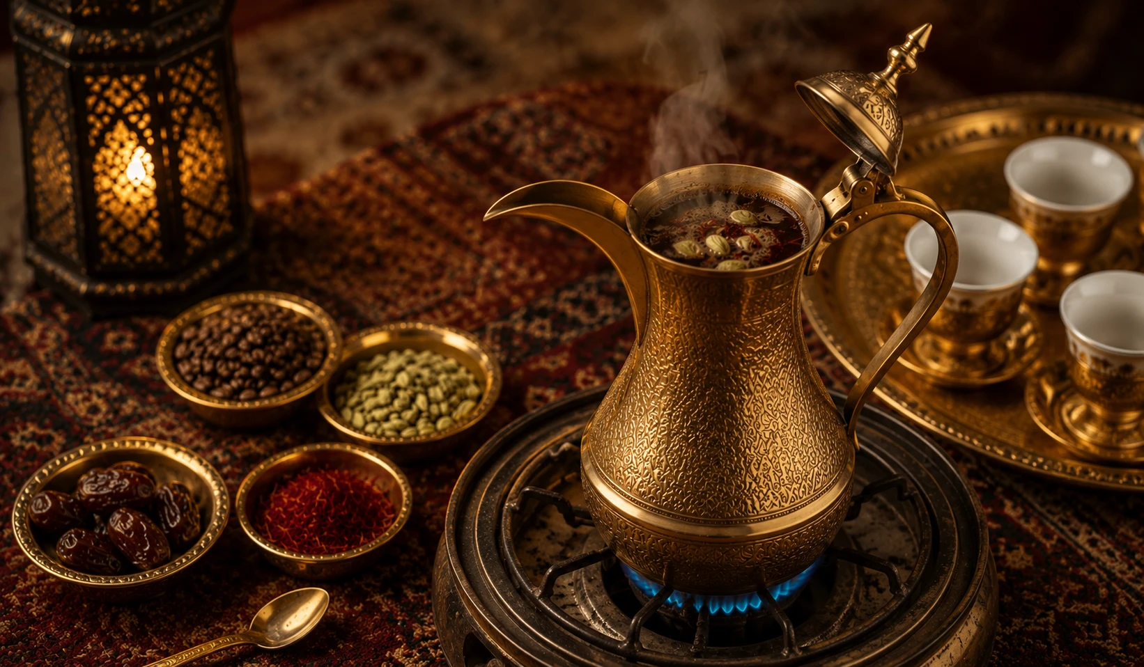 Arabischer Qahwa simmert bei 85-90 Grad — wird goldfarben durch Safran und Kardamom