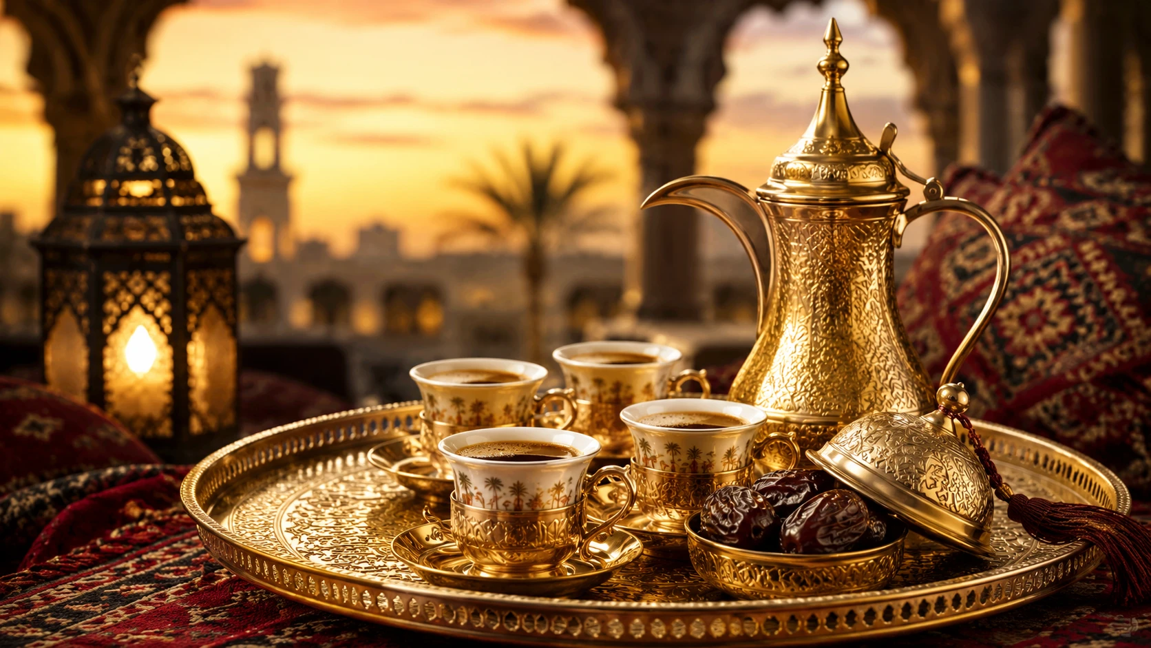 Arabischer Qahwa in goldenen Fenjan-Tassen auf orientalischem Tablett mit Datteln