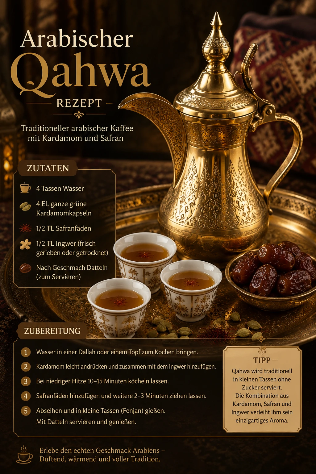 Arabischer Qahwa Rezept Karte — Dallah, Fenjan-Tassen und Datteln