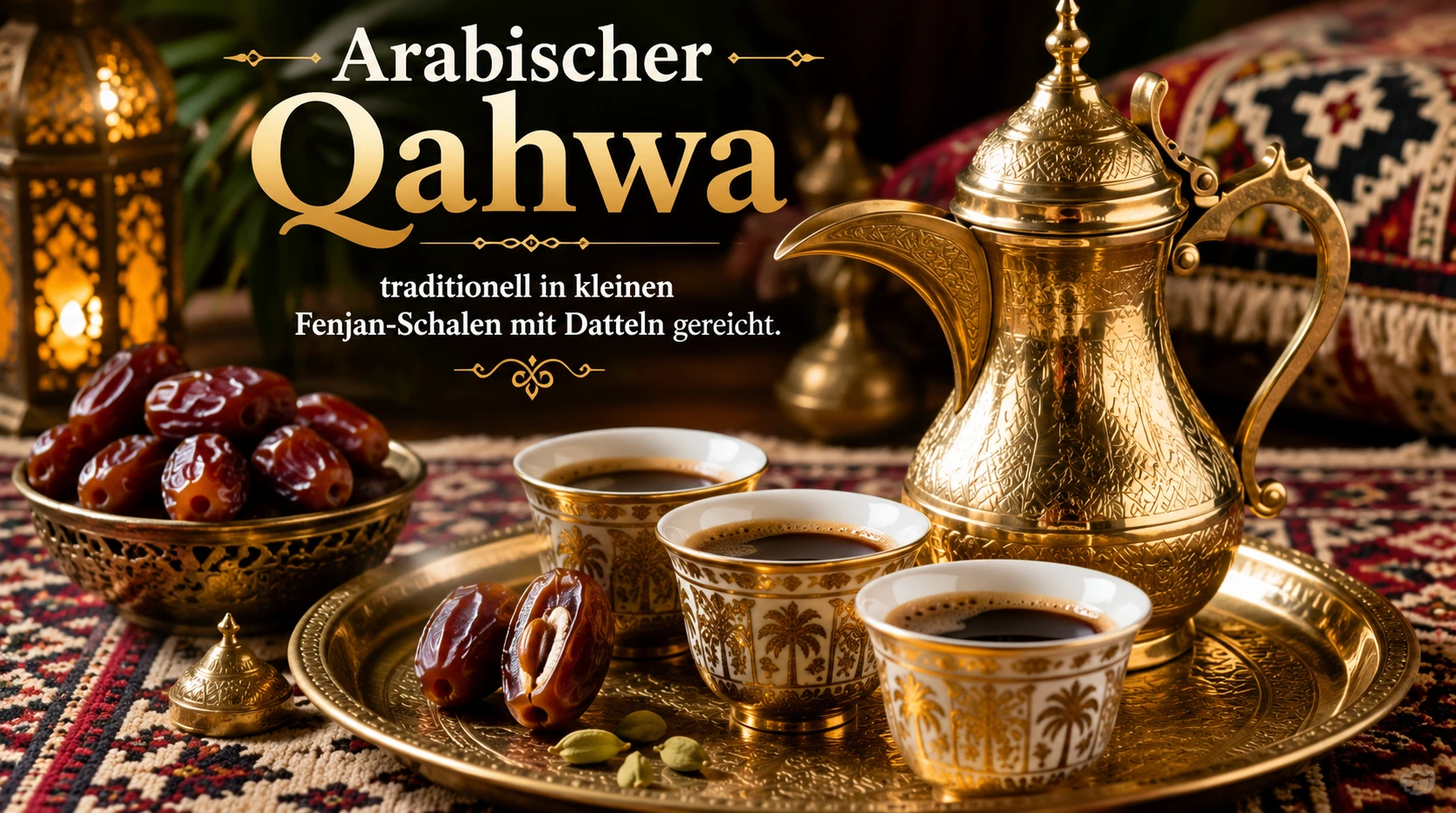 Arabischer Kardamom Kaffee in kleinen Tassen auf goldenem Tablett mit Datteln