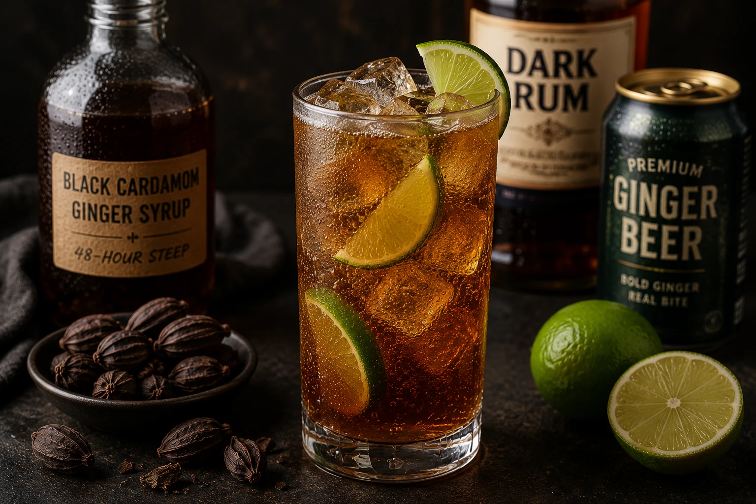 Black cardamom Dark & Stormy cocktail with dark rum ginger beer and lime in highball glass