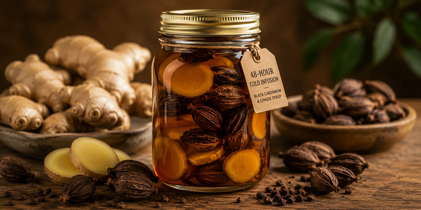 Black cardamom pods and fresh ginger coins steeping in warm syrup in sealed glass mason jar — 48-hour cold infusion