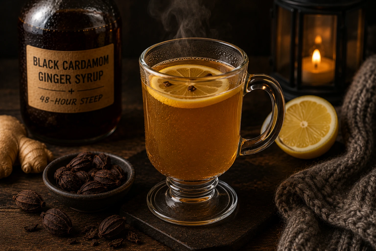 Black cardamom ginger hot toddy with whiskey and lemon in glass mug — winter drink