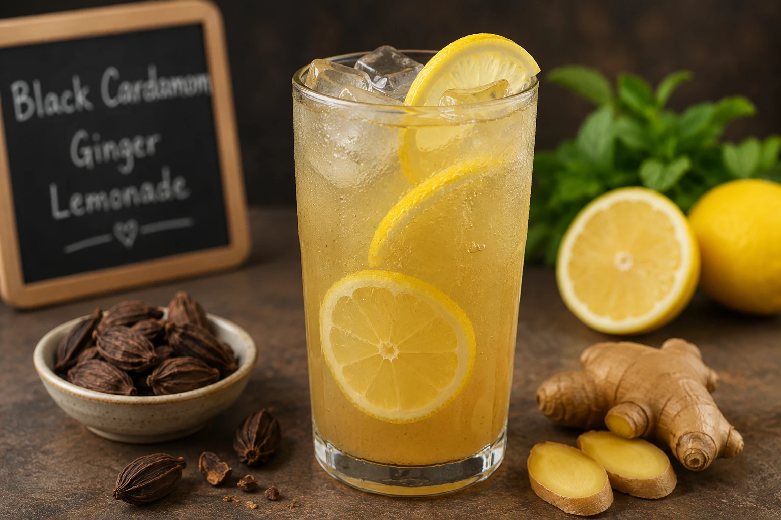 Black cardamom ginger lemonade in tall glass with ice and lemon slices