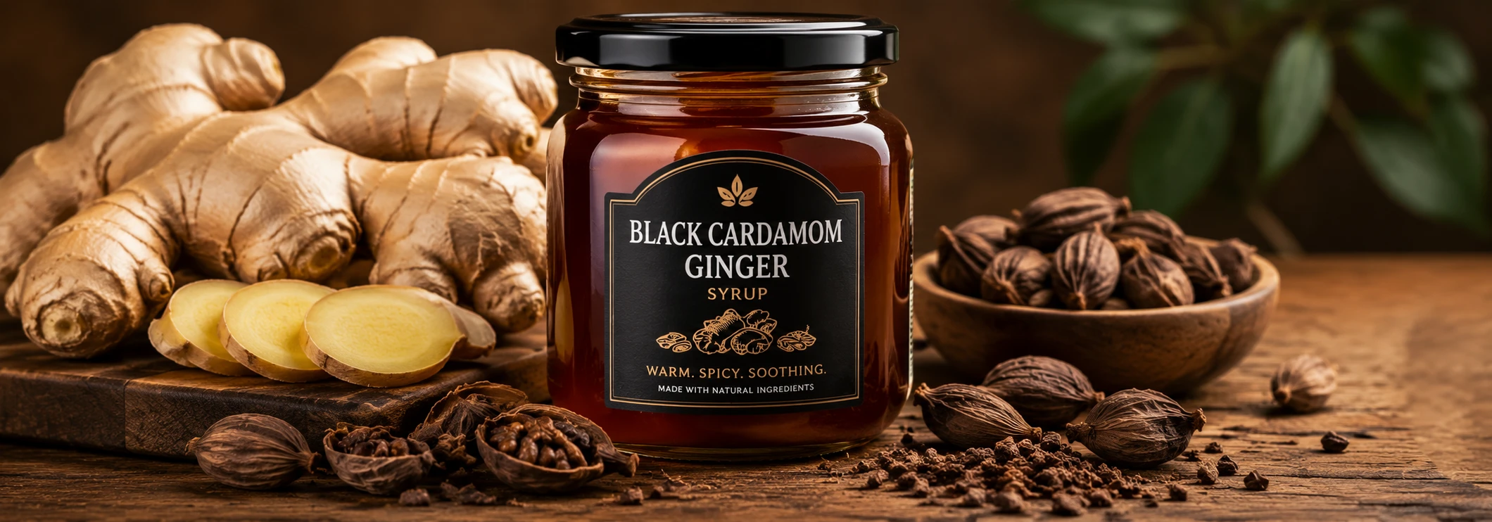 Black cardamom ginger syrup in glass jar with ginger root and cardamom pods — deep amber colour