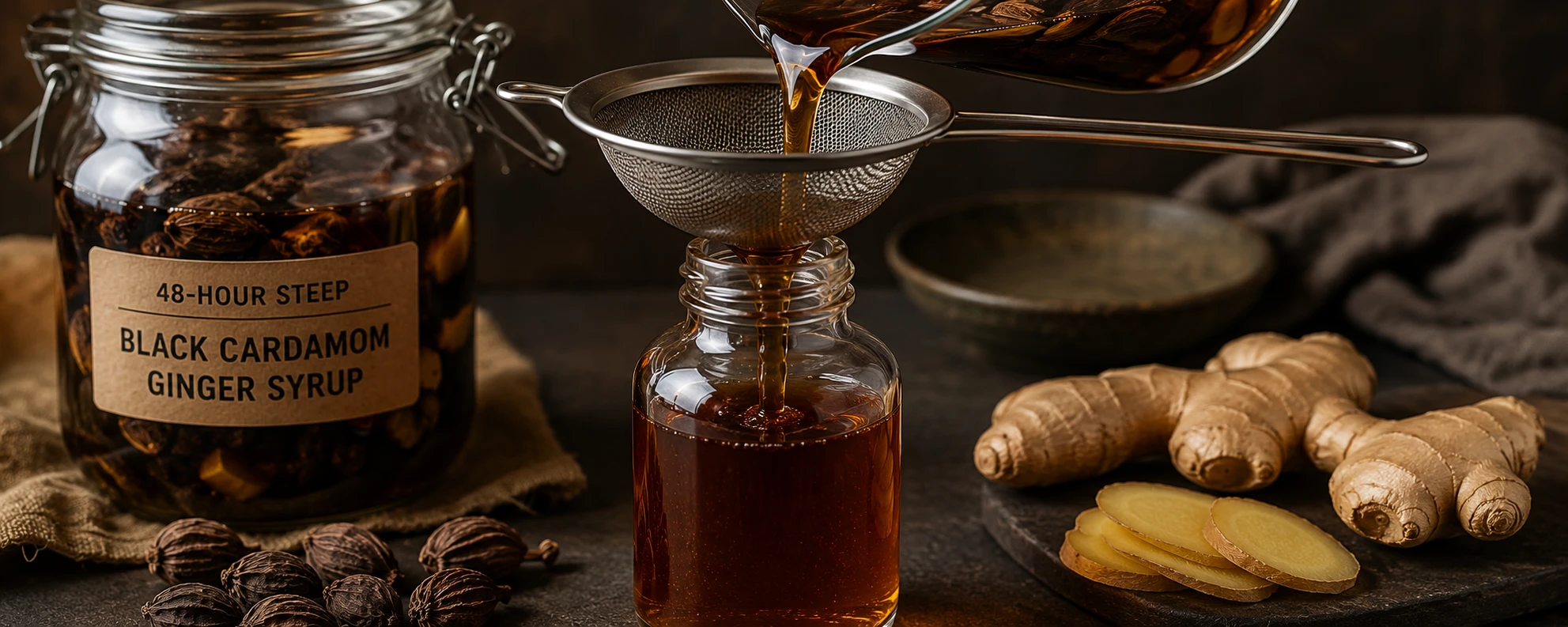 Black cardamom ginger syrup being strained through fine mesh into glass bottle after 48-hour steep — deep amber colour
