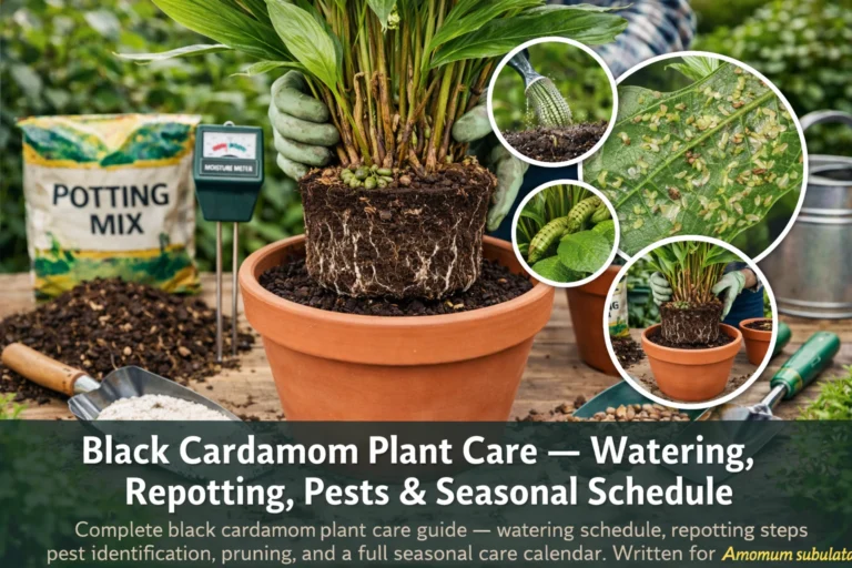 Complete black cardamom plant care guide featuring watering schedules, repotting methods, pest identification, pruning practices, and seasonal maintenance tips for Amomum subulatum.