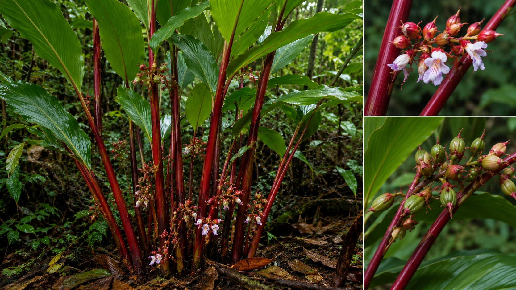 Black cardamom Amomum subulatum plant with distinctive red stems — different from green cardamom