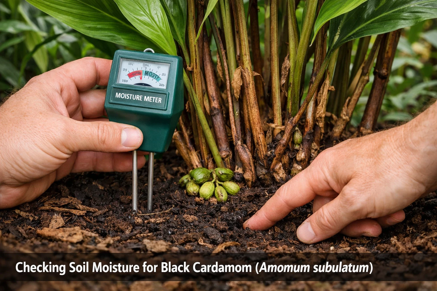 Gardener checking soil moisture around a black cardamom plant (Amomum subulatum) using a moisture meter to ensure proper watering, healthy root growth, and optimal tropical spice plant care.