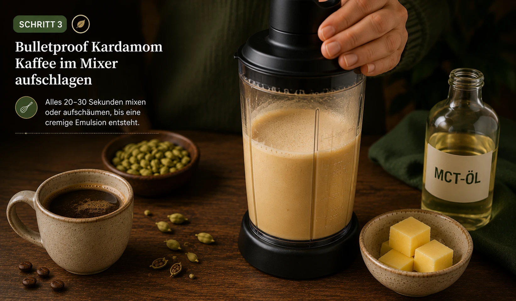 Bulletproof Kardamom Kaffee im Standmixer – cremige goldbraune Emulsion mit dichtem Schaum entsteht