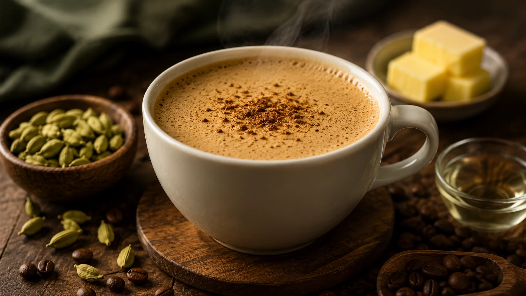 Bulletproof Kardamom Kaffee in weißer Tasse – cremige goldbraune Emulsion aus Weidebutter, MCT-Öl und grünem Kardamom