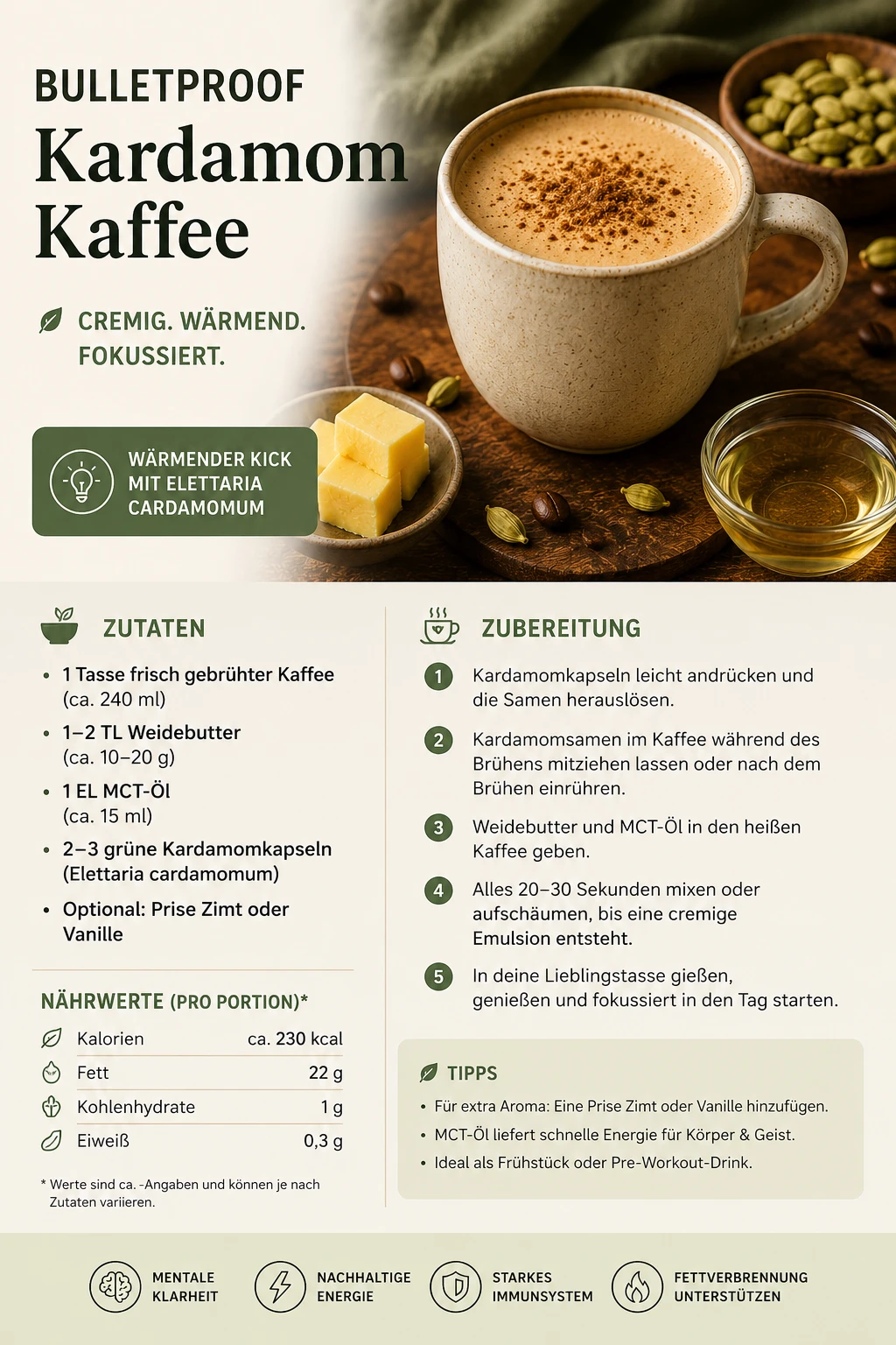 Bulletproof Kardamom Kaffee Rezeptkarte – cremige Tasse mit Weidebutter, MCT-Öl und Kardamom