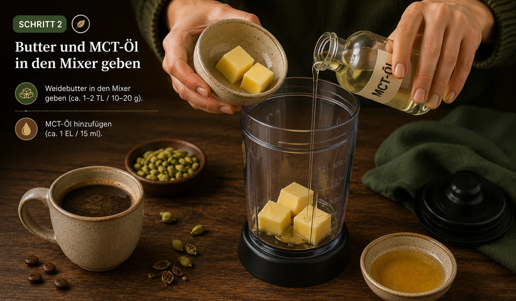 Weidebutter und C8-MCT-Öl werden in Standmixer gegeben, bereit für den Bulletproof Kardamom Kaffee