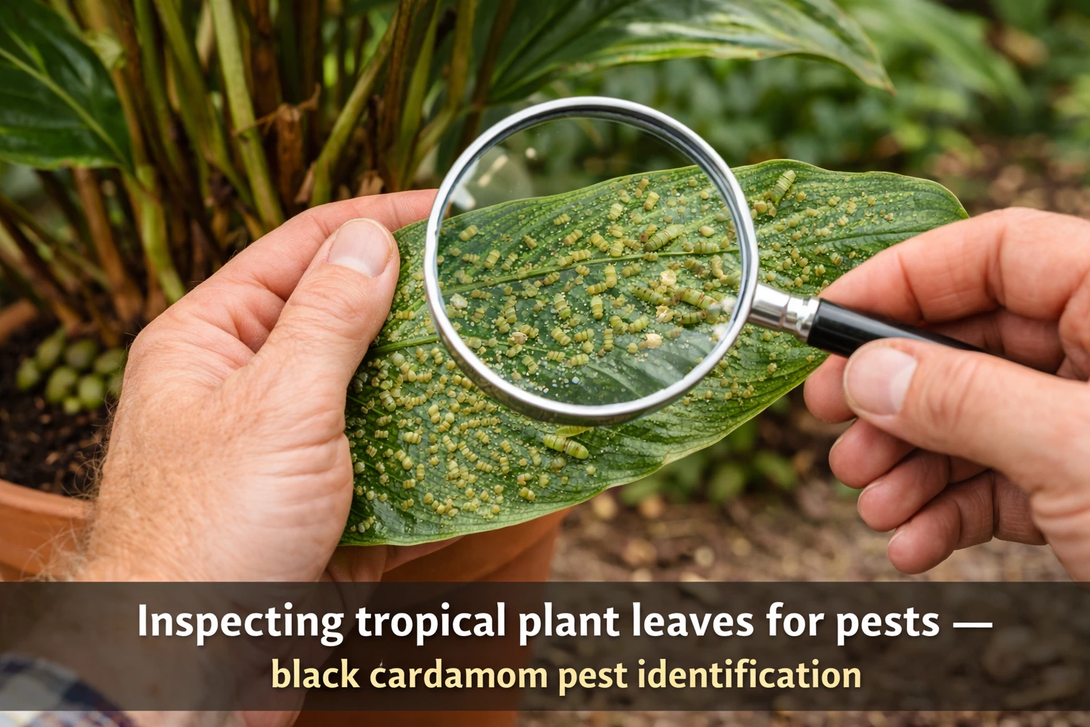 Gardener inspecting black cardamom plant leaves (Amomum subulatum) for early signs of pests, insect damage, leaf discoloration, and common tropical plant health problems.