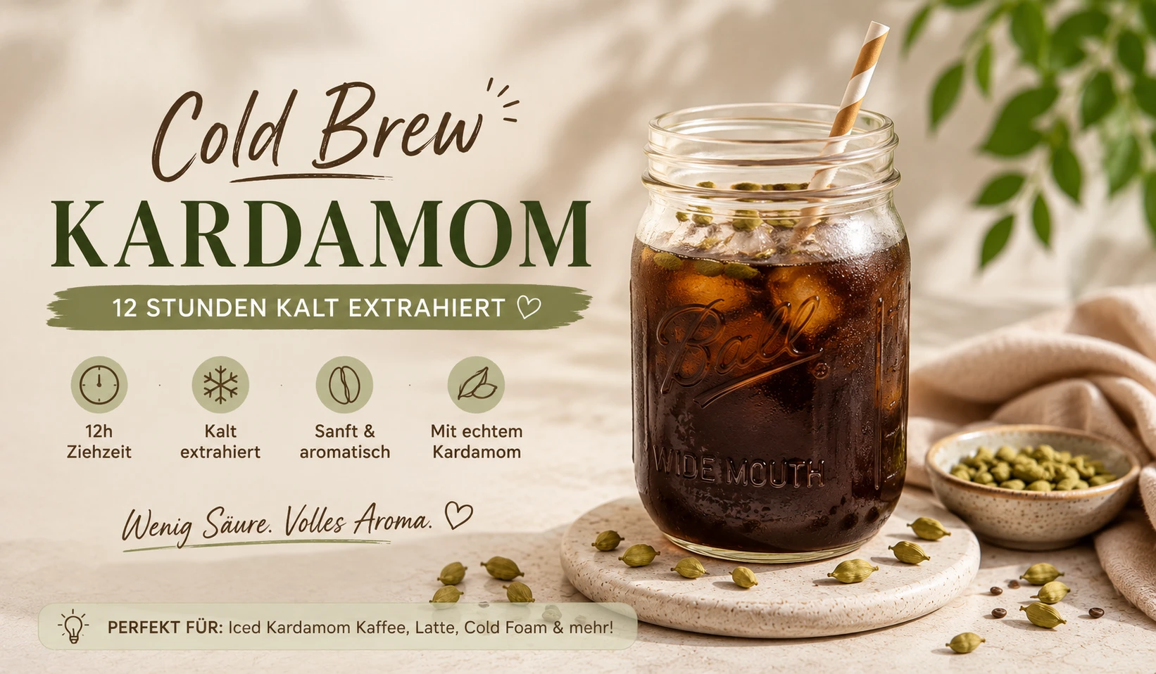 Kardamom Cold Brew im Mason Jar — 12 bis 18 Stunden kalt extrahiert im Kühlschrank