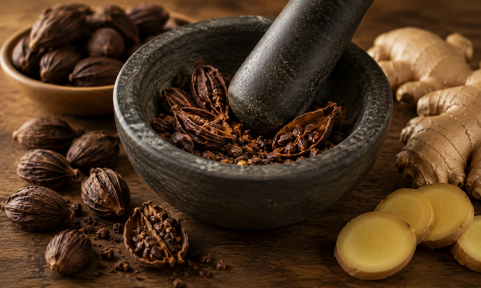 Black cardamom pods being lightly crushed in mortar and pestle before ginger syrup infusion — seeds exposed
