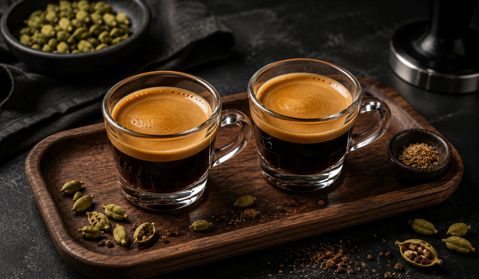 Kardamom Espresso serviert – zwei Shots mit goldenem Crema auf Holztablett