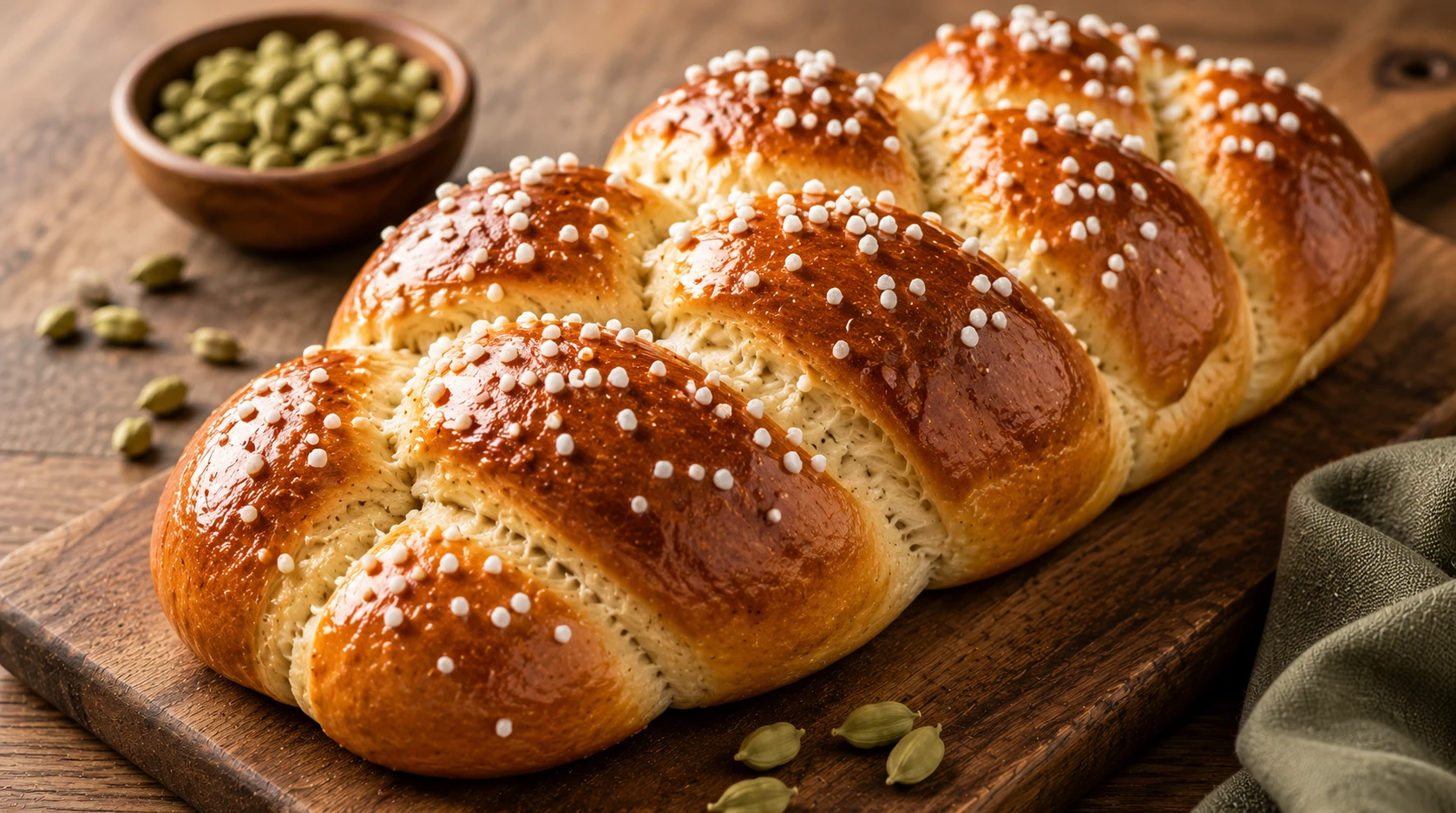 Finnisches Pulla Zopfbrot mit Kardamom – goldbraun mit Perlzucker bestreut
