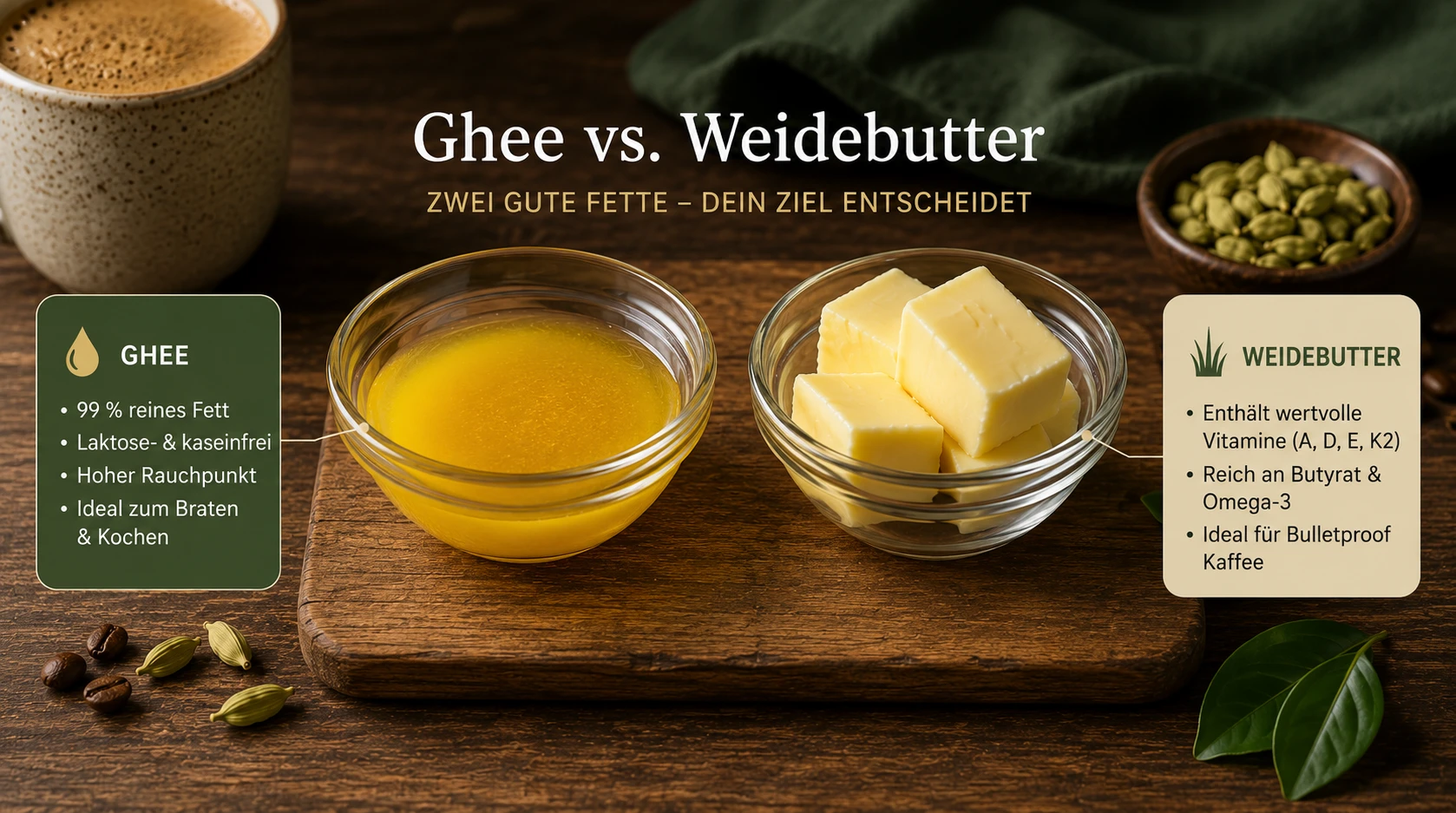 Ghee in Glasschale neben Weidebutter auf Holzbrett – Vergleich für Bulletproof Kardamom Kaffee