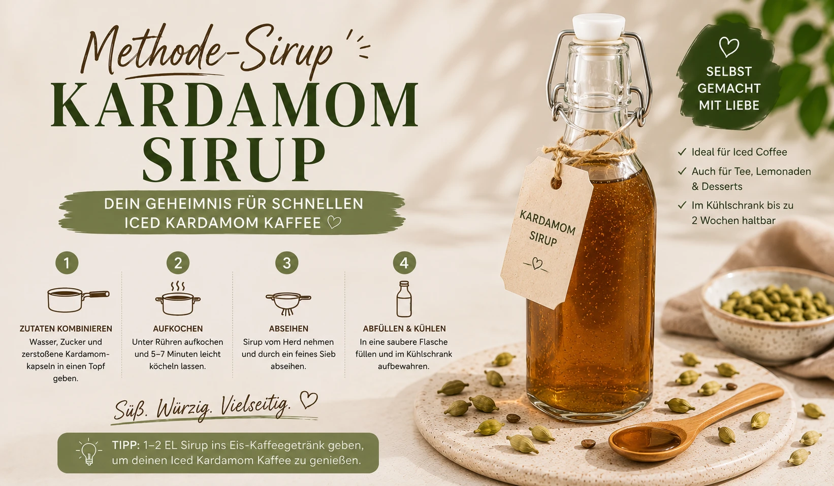 Hausgemachter Kardamom-Sirup in Glasflasche — ideal für schnellen Iced Kardamom Kaffee